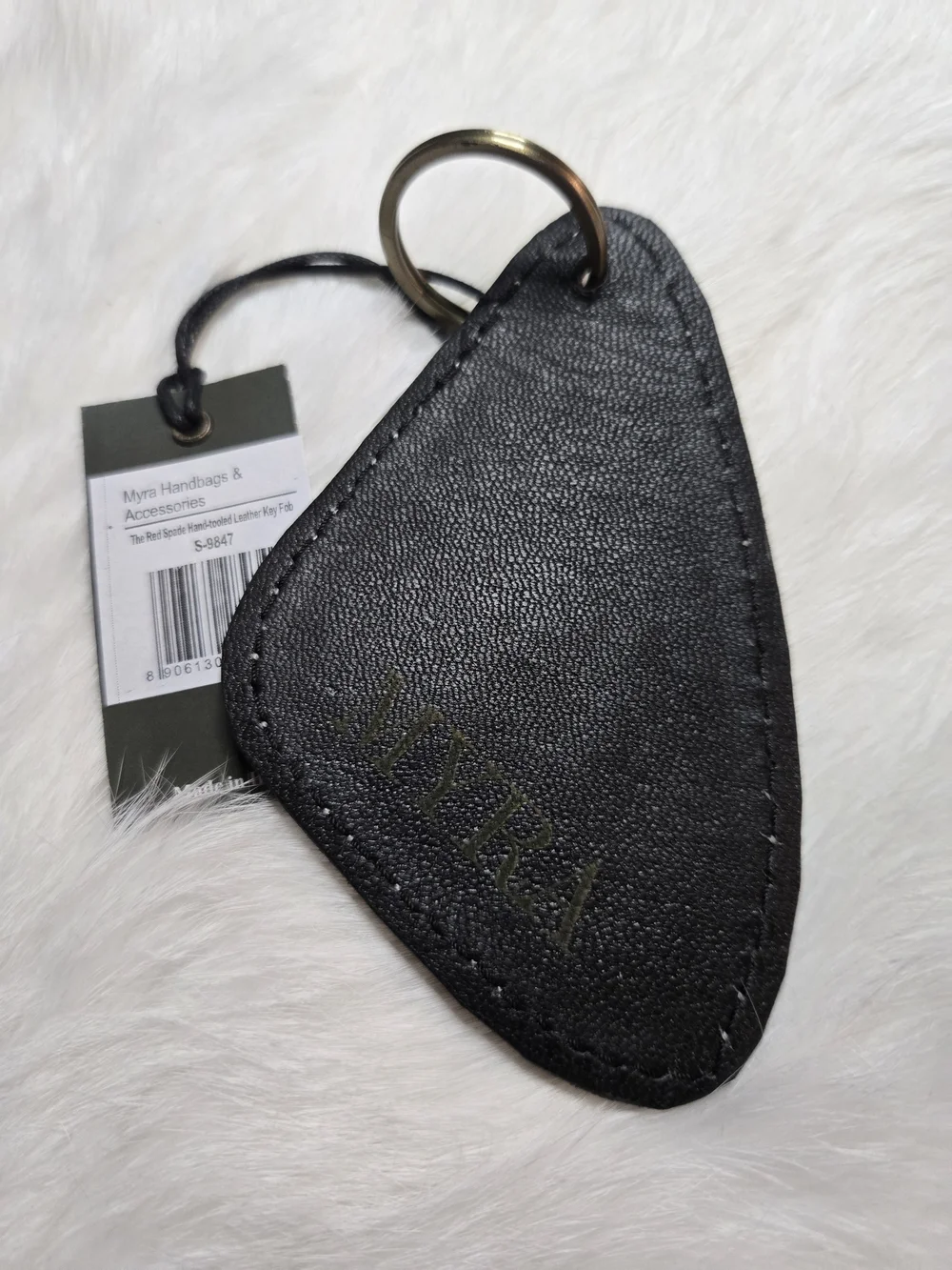 Myra Bag Black Leather Handtooled Triangle Key Holder with Gold Ring NWT